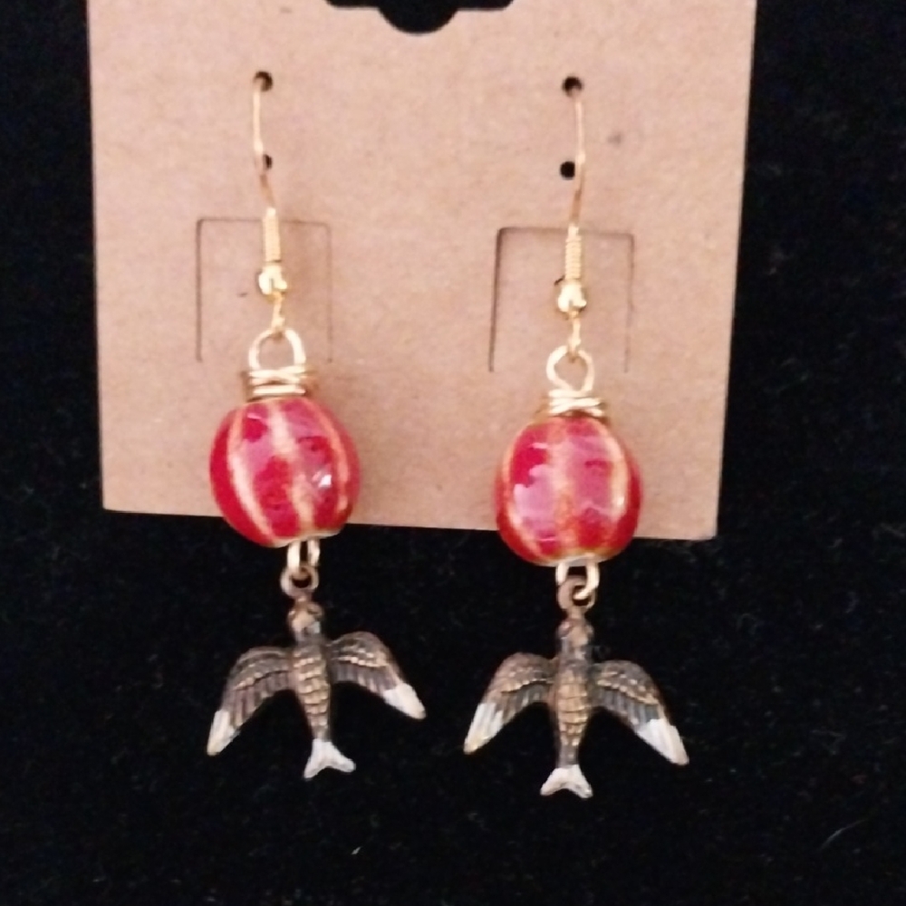 Red and Gold Dangle Earrings with Delicate Charms